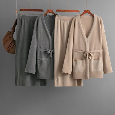A Two-piece Fashion Suit for Women's Autumn and Winter, Featuring A V-neck Loose Knitted Lace-up Cardigan, Jacket and Skirt