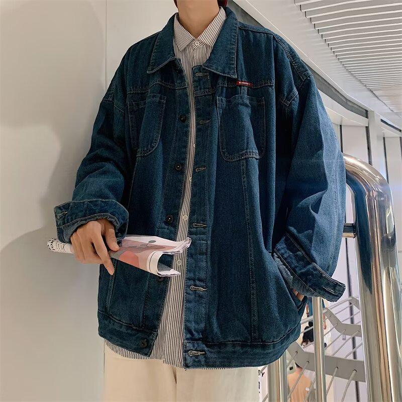 

Unisex Retro Denim Jacket - Hong Kong Style Loose Casual Design, Trendy Teen Cool Top M темно-синього кольору
