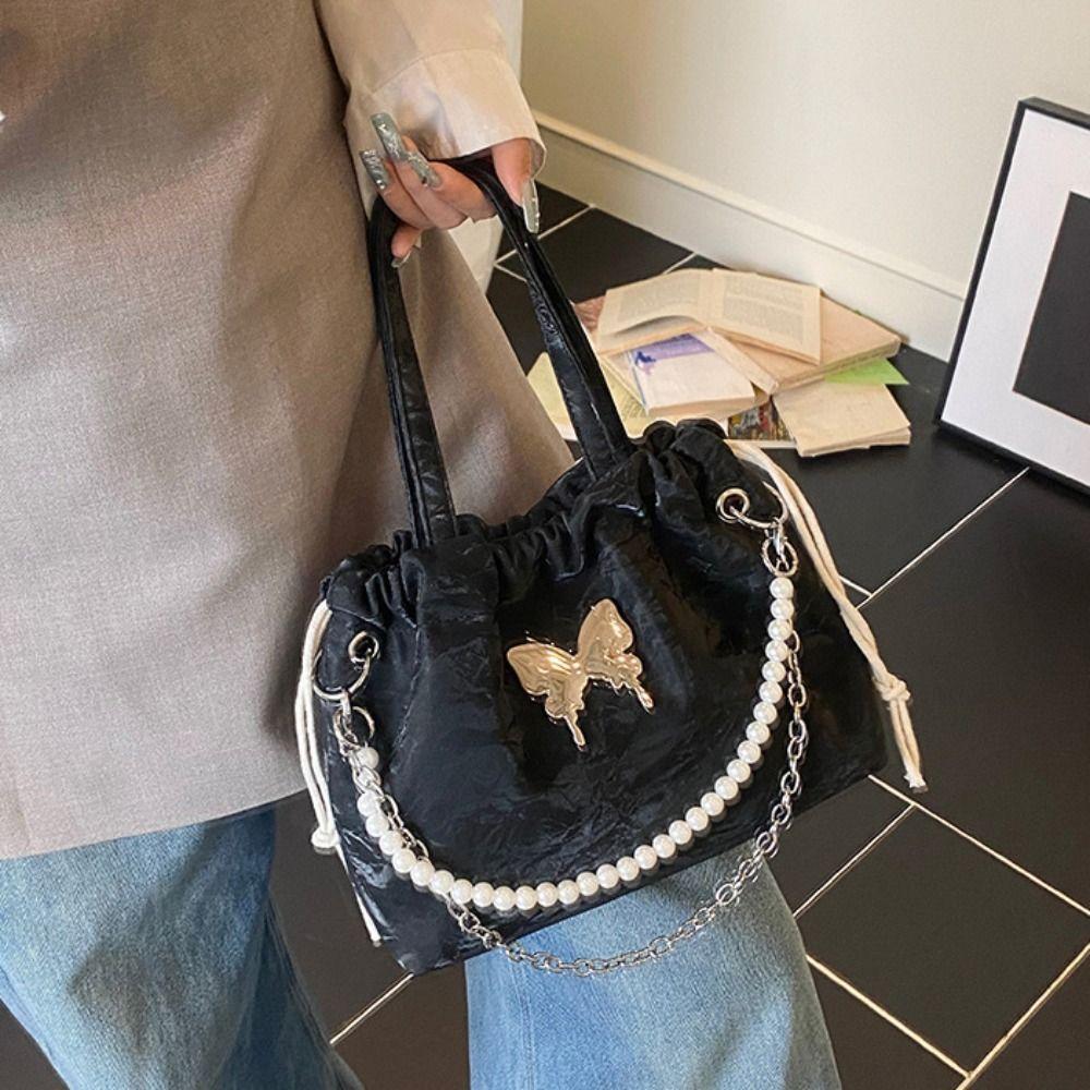 Magnetic Buckle Silver Butterfly  Backpack Metal Chain Pearl Chain Handbag  Daily