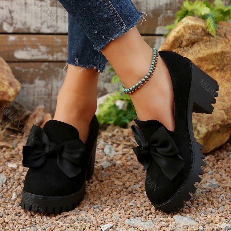 Fashion Single Shoes Women's Thick Bottomed Loafers Black Suede Bowknot Round Head Pumps Fashion Slip on Shallow Mouth High Heel  Shoes