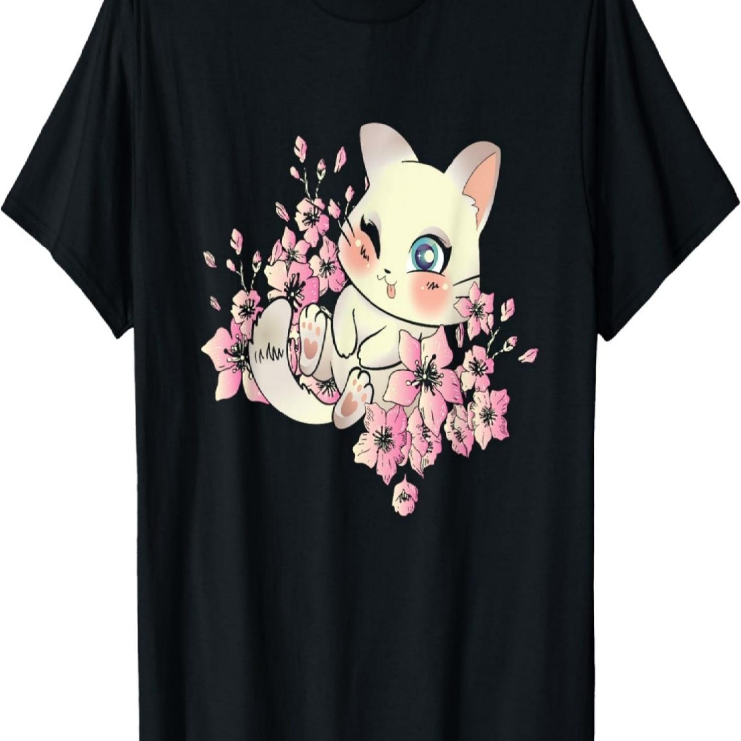 Kawaii Cat with Sakura and cherry blossom tree T-Shirt for Men Women Girls Kids S