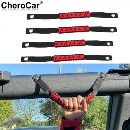 

4*Roll Bar Grab Handles Paracord Grip Handle Parts Red for Ford Bronco + Red