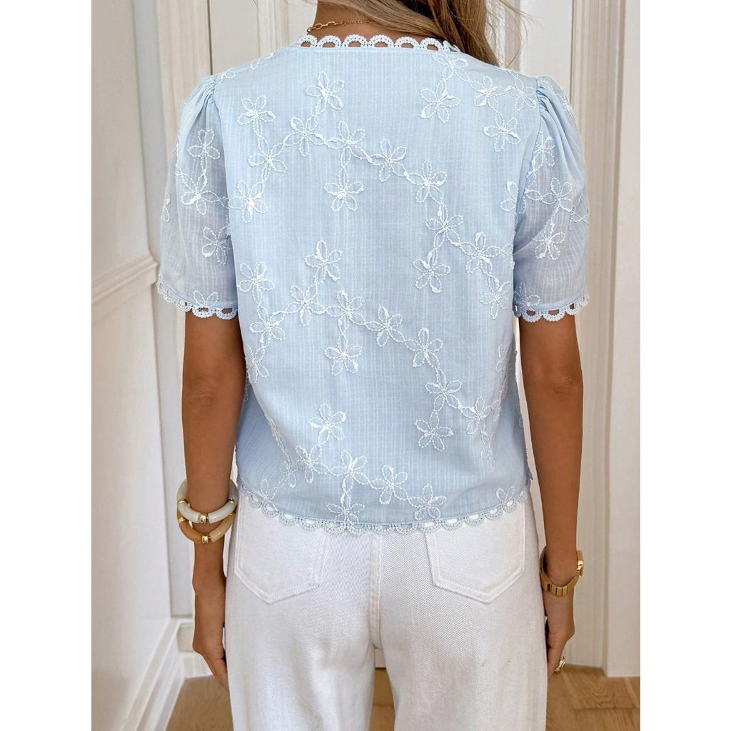 Women's Summer New French Style Lace Trim Patchwork V-neck Short Sleeve Embroidered Chiffon Cutout Blouse Top