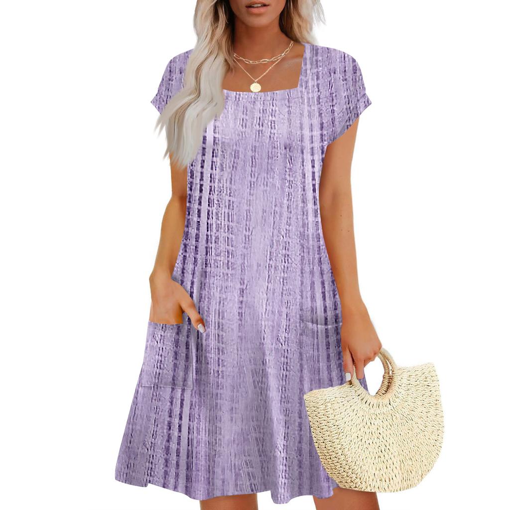 Summer Dresses For Women Loose Square Neck Cap Sleeve Casual Beach Vacation Tshirt Dress Sundresses With Pockets