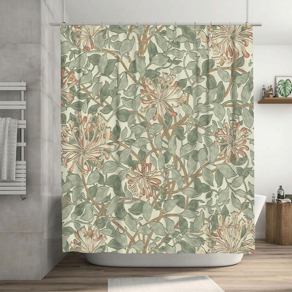 Bathroom Shower Curtain Featuring A Beautiful Floral Design With Green Leaves In Pastel Colors For Home Decor White Bath Mat Set