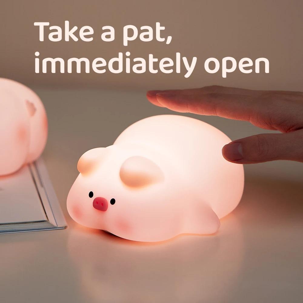 Piggy Night Light Soft Silicone Cute Piggy Lamp 3 Level Dimmable 30 Minutes Timer Rechargable for Kids Bedside Touch Baby Night