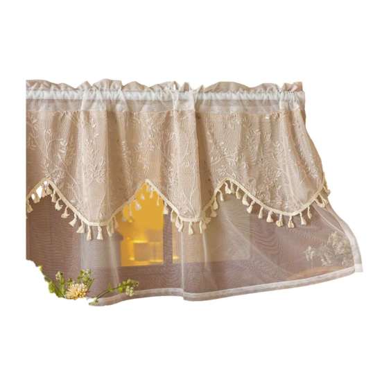 Polyester Tulle Window Valance Jacquard Lace Curtain, 39 Inch Vintage Embroidered Floral Valance, Semi Light Filtering Small Panel Sheer Swag with Rod