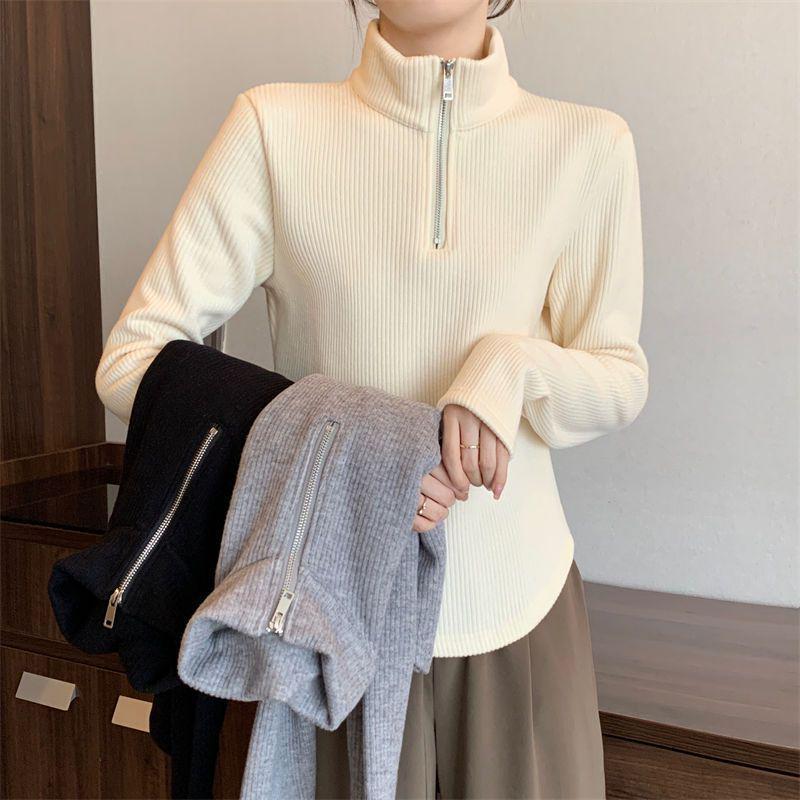Dames Plus Size Geribbelde Halve Rits Basislaag Top - Figuurcorrigerende Losse Pasvorm voor Herfst/Winter