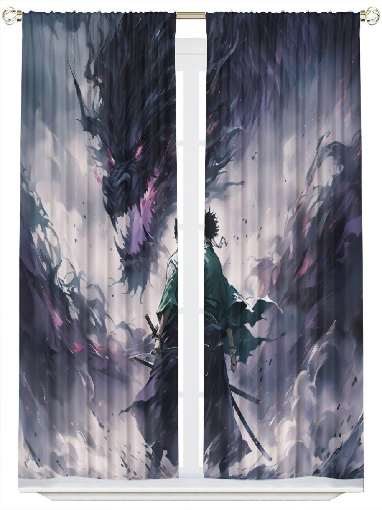 2pcs- Sword Saint and Evil Dragon Polyester Curtains, Pole bag curtains 42*84, Bedroom, living room, home room decoration