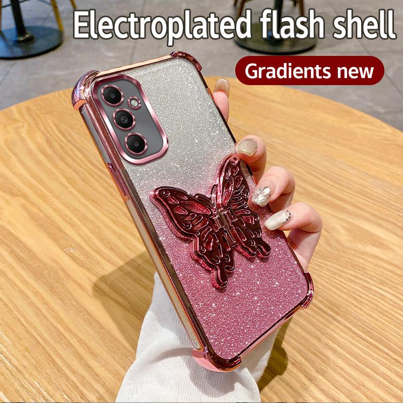 Plating Shockproof Butterfly Holder Phone Case For Samsung Galaxy A04E A04 A14 A24 A34 A54 A73 A53 A33 A23 A13 4G Glitter Cover