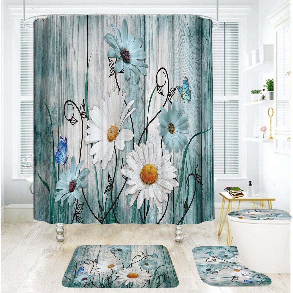 Badezimmer Duschvorhang Vierteilig Digitaldruck Holzmaserung Chrysanthemenpflanze Wasserdichter Duschvorhang Duschvorhang Trennvorhang