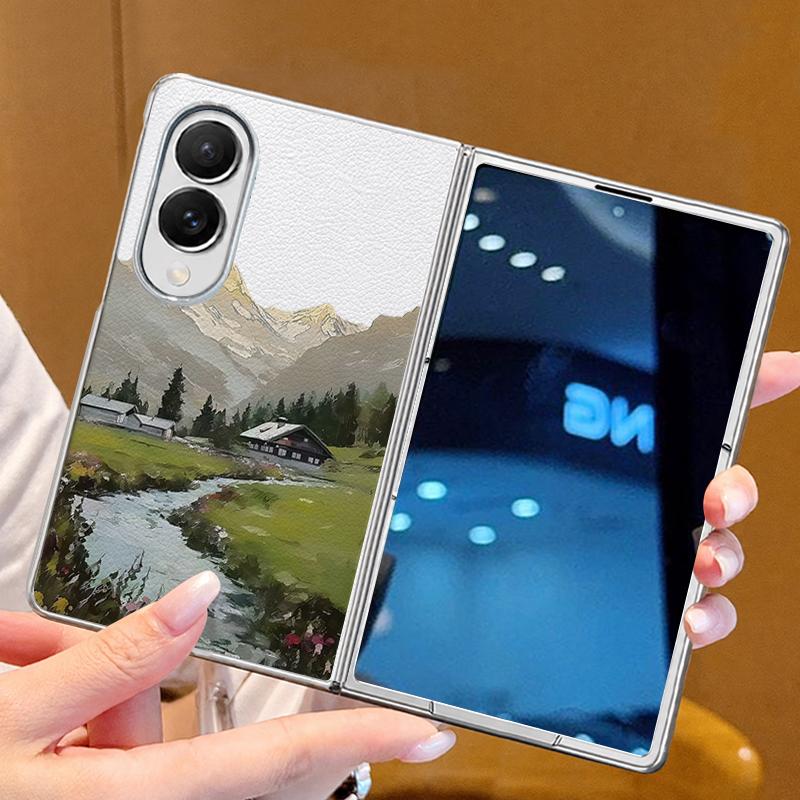 Mountain Valley Camping Art Case For Samsung Galaxy Z Fold 8 Ultra 7 6 5 4 Z Fold8 Fold7 Fold6 Fold5 Luxury Plating Leather Skin Phone Cover