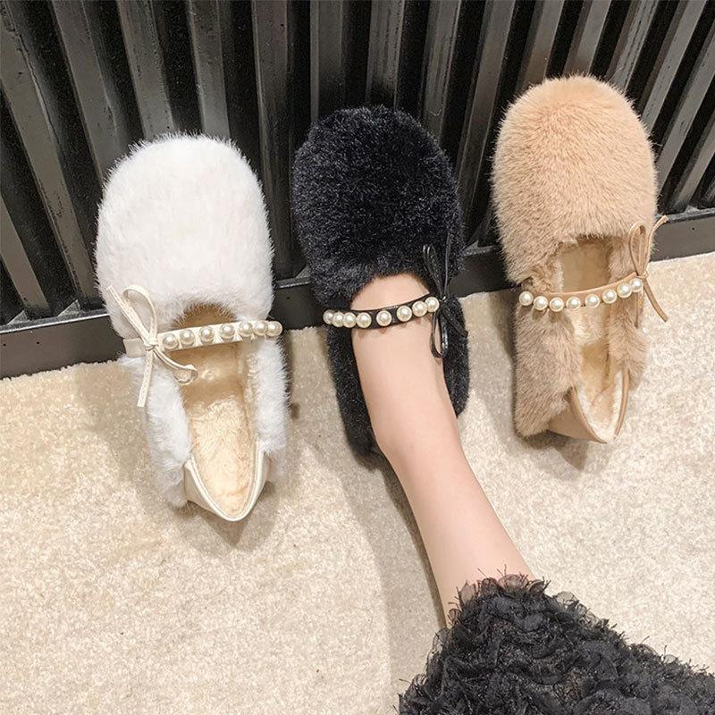 Fairy Wind Fluffy Shoes, Female Outer Wear Pearl Velvet Beanie Shoes, Bow One Pedal Versatile Flat Cotton Shoes