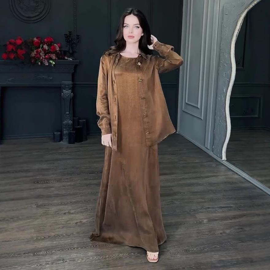 2025 Women's Cross-Border Button Cardigan & Slimming Long Dress Set