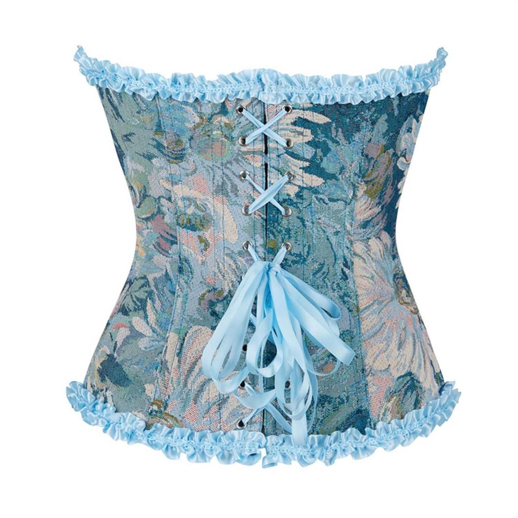 Vintage Floral Brocade Corset Top for Women, Elegant Strapless Bustier with Lace Trim and Ribbon Bow, Blue S-XXL