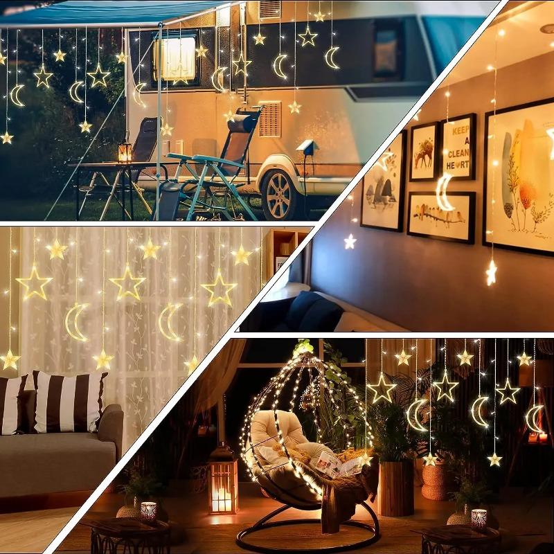 3.5M Solar Moon Star Curtain Lights Waterproof 8 Modes LED Fairy String Lamp for Christmas Party Garden Decor Decor for Room