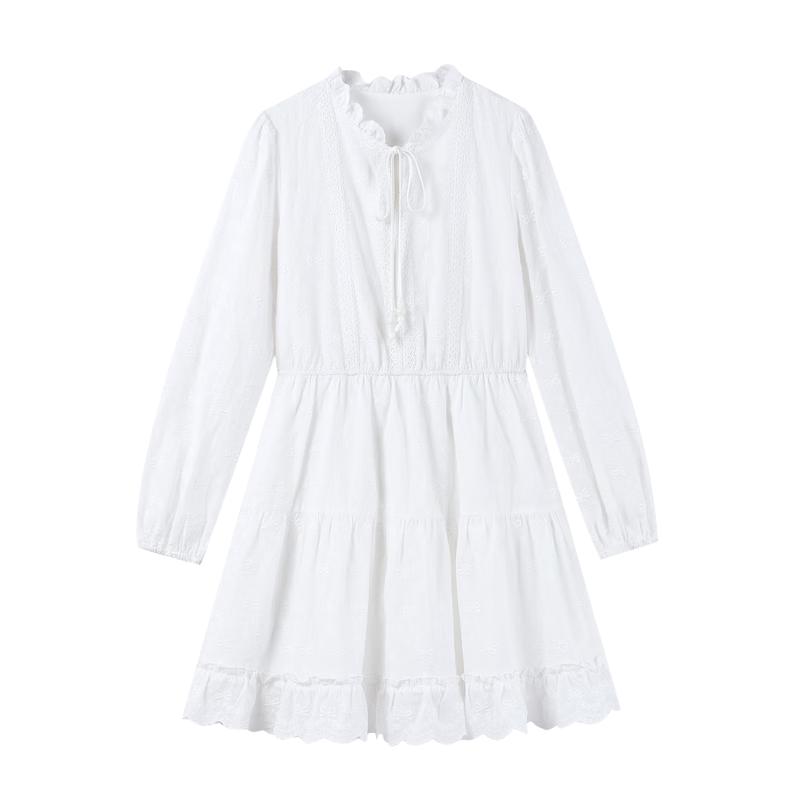Elegant Lace-Trim Stand Collar A-line Short Dress