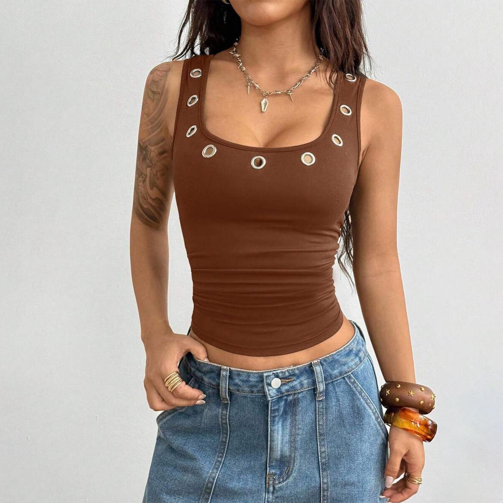 

Women Sleeveless Square Neck Tank Top with Metal Eyelet Detail Fitted Casual Fashion Vest for Everyday Wear XXXL хаки