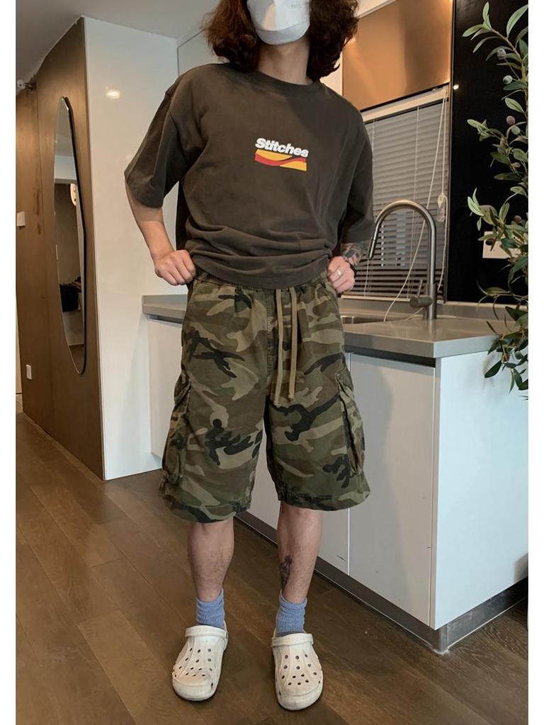 Męskie Retro Kamuflażowe Spodenki Robocze - Trend Lato 2025, Styl Uliczny Średniej Długości Spodnie Pięciopunktowe