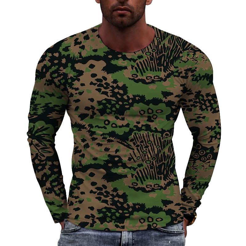 Men's Camouflage Printed Long Sleeve T-shirt European Size Casual round Neck Top Trendy Autumn Wear