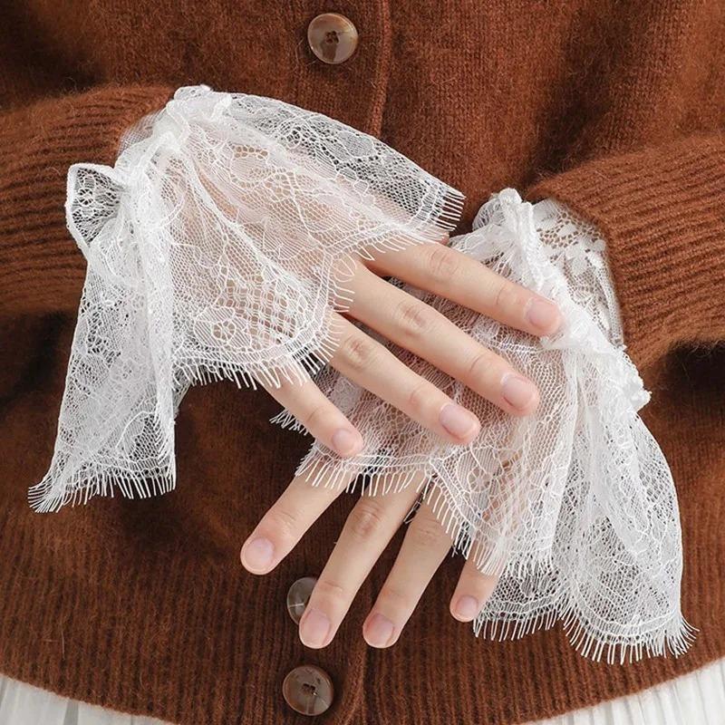 2pairs Mesh Lace Sweater Decorative Sleeves Women Black White Ruffles Elbow Mittens Cuff Detachable Wedding Dress Fake Sleeves