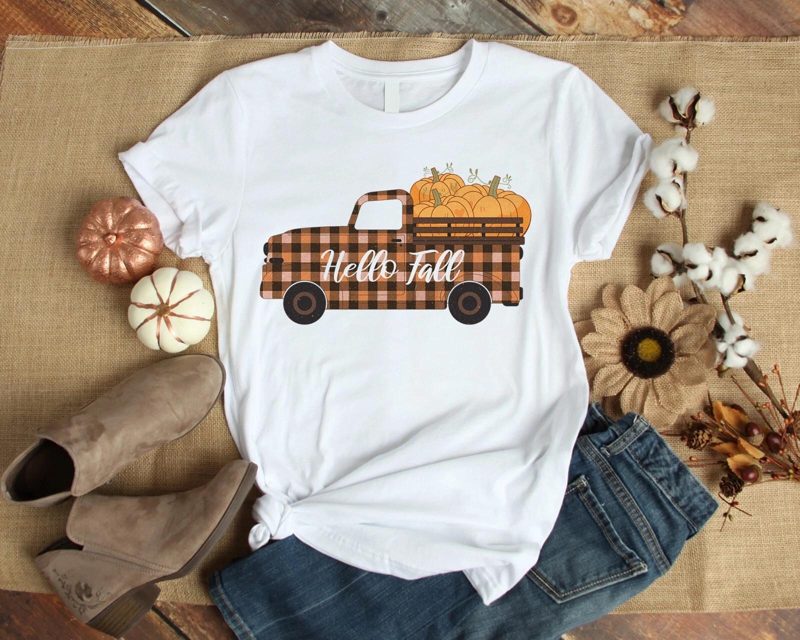 Hello Fall Buffalo Plaid Truck Pumpkin Autumn Fall Gift Men s and Women s T-shirts XXL