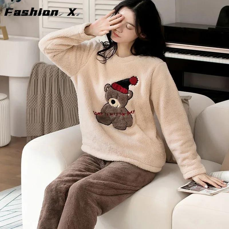 Thickened Warm Large Size Padded Fall and Winter Women's Pajamas Top and Pants Set Coral Velvet Ladies Cartoon Bear 2PCS/Set