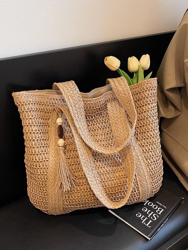 Versatile Solid Color Straw Beach Bag – Large Capacity Vacation Handbag