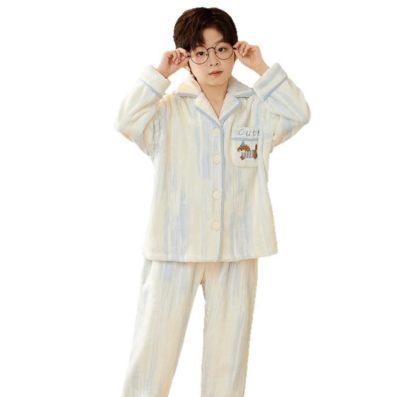 Boys Coral Fleece Pajamas Set Winter Thick Flannel Loungewear Kids