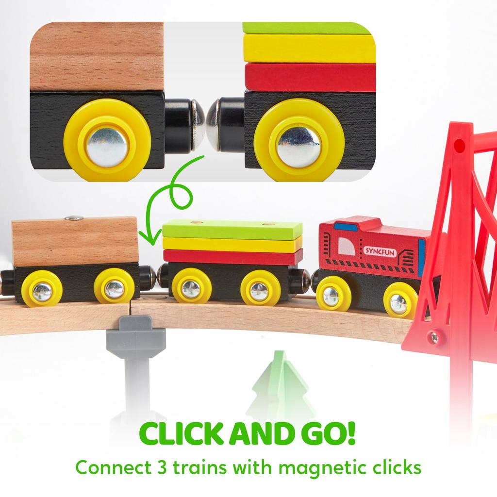 Joyfy 60 Pcs Kids Train Toys Wooden Tracks & 6 Magnetic Trains Expandable Train Set for Toddlers Birthday Christmas Gifts