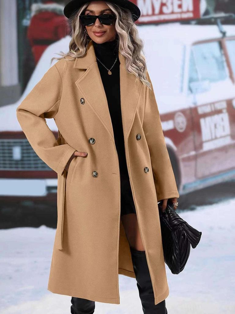 Women's Long Trench Coat with Double-Breasted Design and Belt