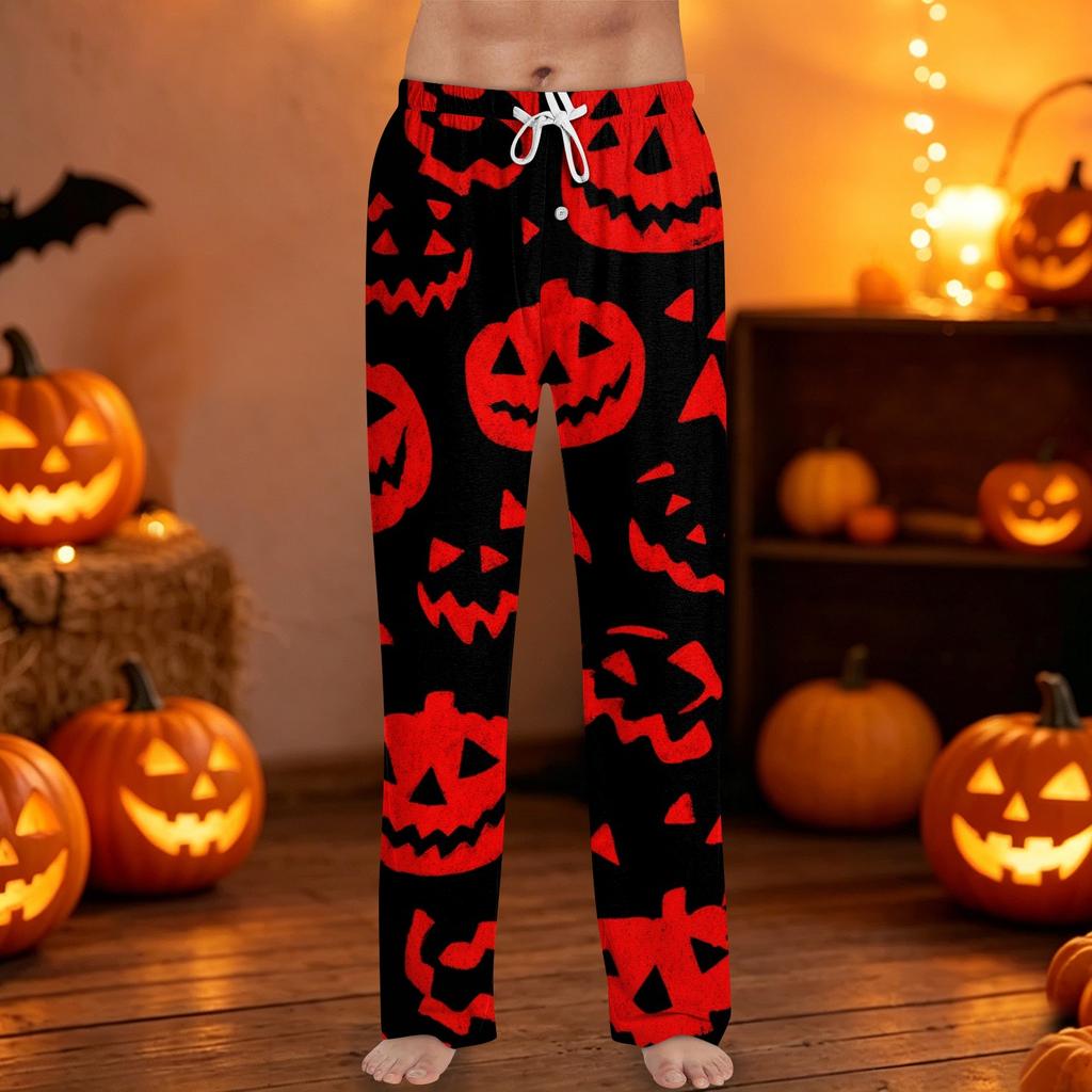 Mens Halloween Printed Drawstring Lounge Pants Casual Relaxed Fit Sleepwear Trousers with Pumpkin Pattern Design