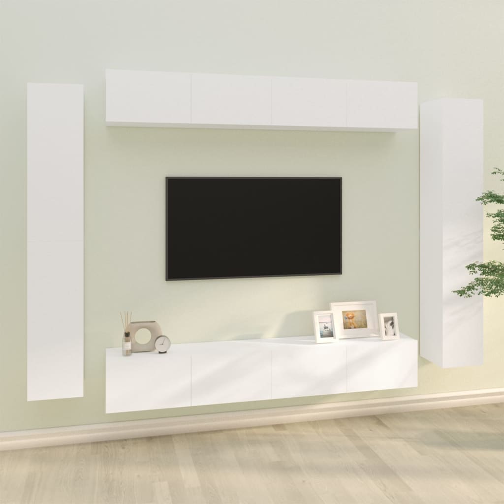 8 piece TV cabinet set white particleboard