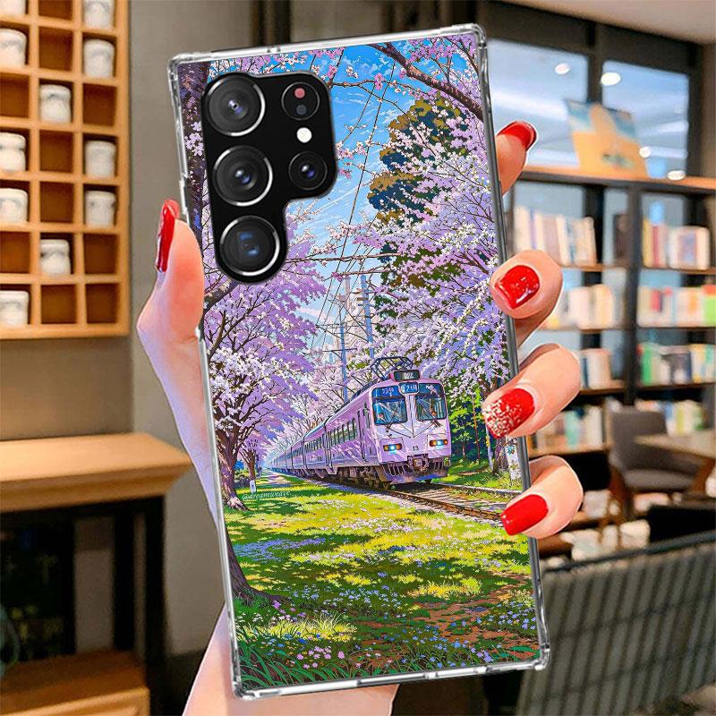 Retro Japanese Sakura Train Phone Case For Samsung Galaxy S26 S25 Edge S24 Ultra S23 S22 Plus S21 S20 FE Soft Fundas Shell Galax