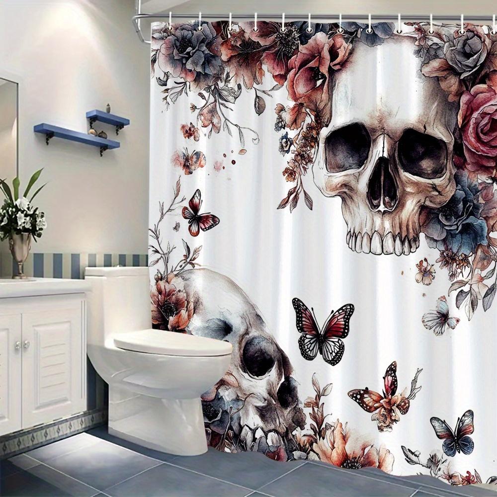Gothic Fantasy Floral Skull Shower Curtain - Vibrant Roses & Butterflies, Durable Polyester, Ideal For Bathroom Decor
