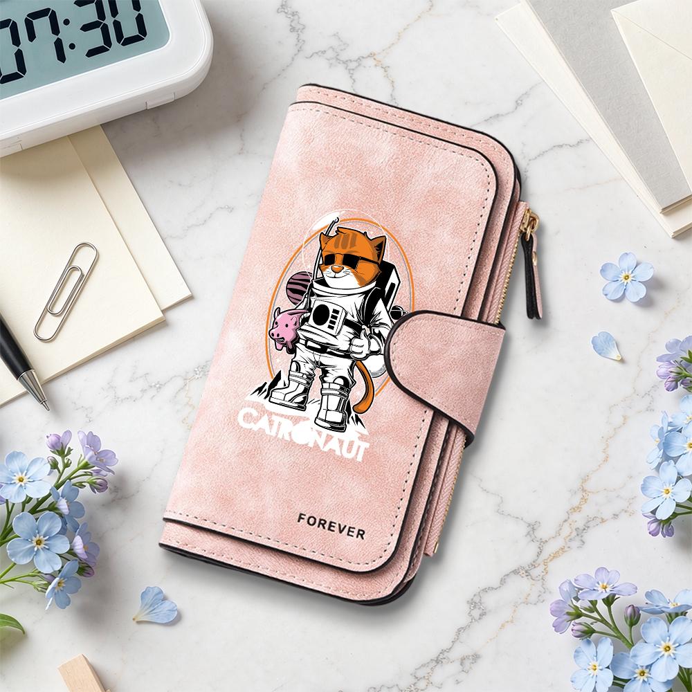 Cartoon Cat Astronaut Pattern Wallet Fashion Casual Multi Slot Card Holder Portable Durable Women Long Purse