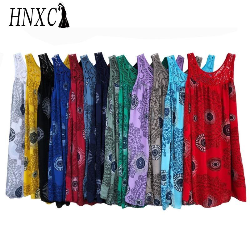 HNXC Women's Fashion Summer Spring Solid Color Print Sleeveless O-Neck High Waist Casual Dresses