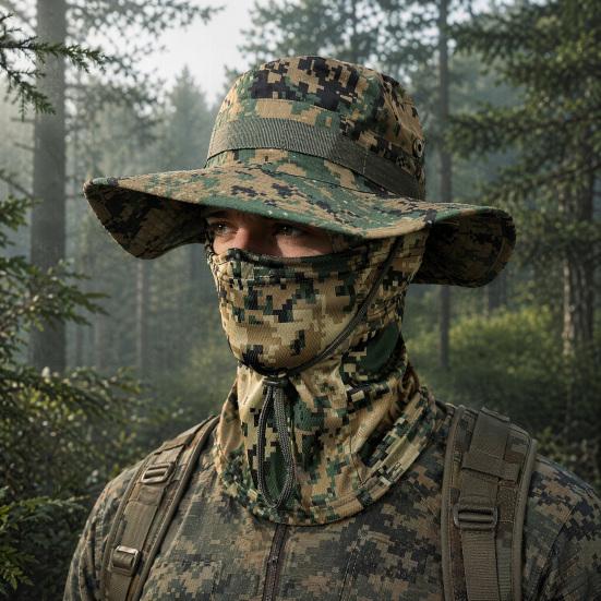 Camouflage Sonnenhut mit Sturmhaube Gesichtsmaske, UV-Schutz Herren Hut mit breiter Krempe, Atmungsaktiver Fischerhut für Outdoor Angeln Wandern Radfahren