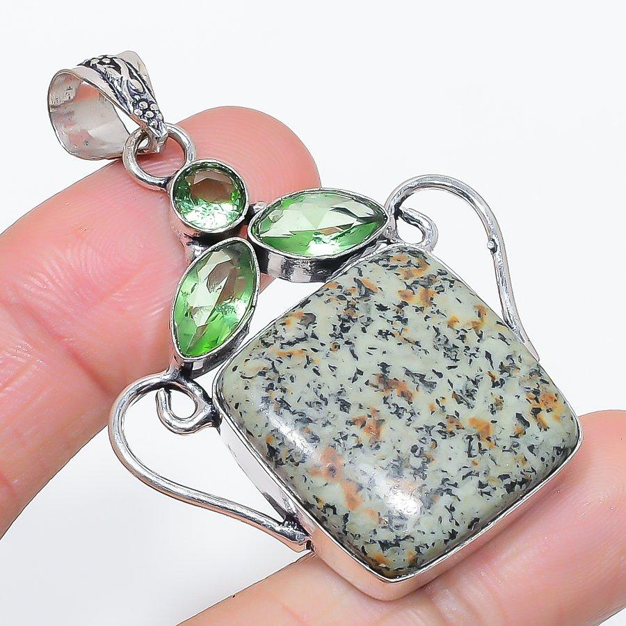 Natural Tibetan Turquoise, Tsavorite 925 Sterling Silver Pendant 2.17" P9M17