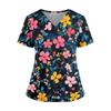 Floral Print V Neck Medical Scrub Top with Pockets Side Slits Short Sleeve Nurse Uniform Shirt for Women Comfortable Fit