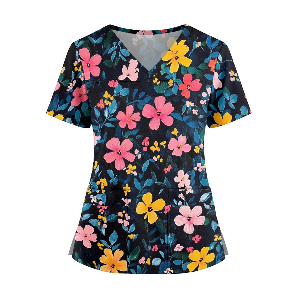 Floral Print V Neck Medical Scrub Top with Pockets Side Slits Short Sleeve Nurse Uniform Shirt for Women Comfortable Fit