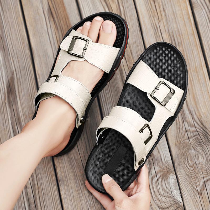 Romerske sandaler for menn svart hvitt skinn Gladiator sandaler utendørs sommer romerske sandaler for menn Peep Toe åpen tå strandsko