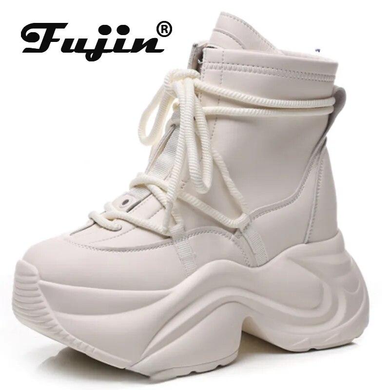 

Fujin/женские ботильоны на танкетке 8 см, массивные кроссовки, эргономичная женская обувь из натуральной коровьей кожи, повседневная осенне-весенняя твердая обувь