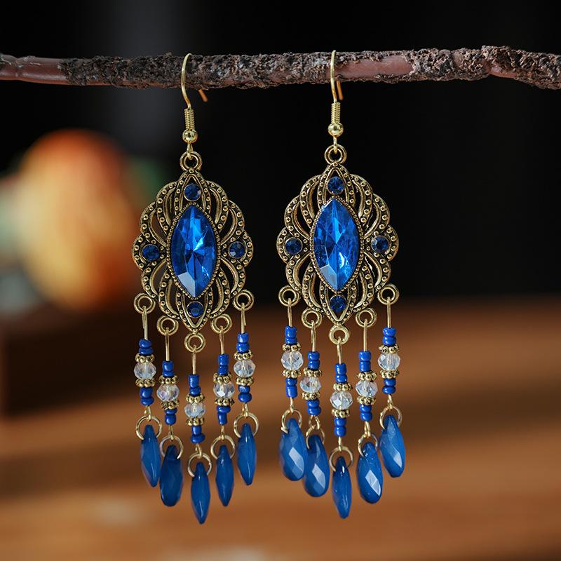 Vintage Bohemian Long Drop Dangle Earrings For Women Geometric Beads Handmade Tassel Crystal Ethnic Boho Wedding Earings Zircon