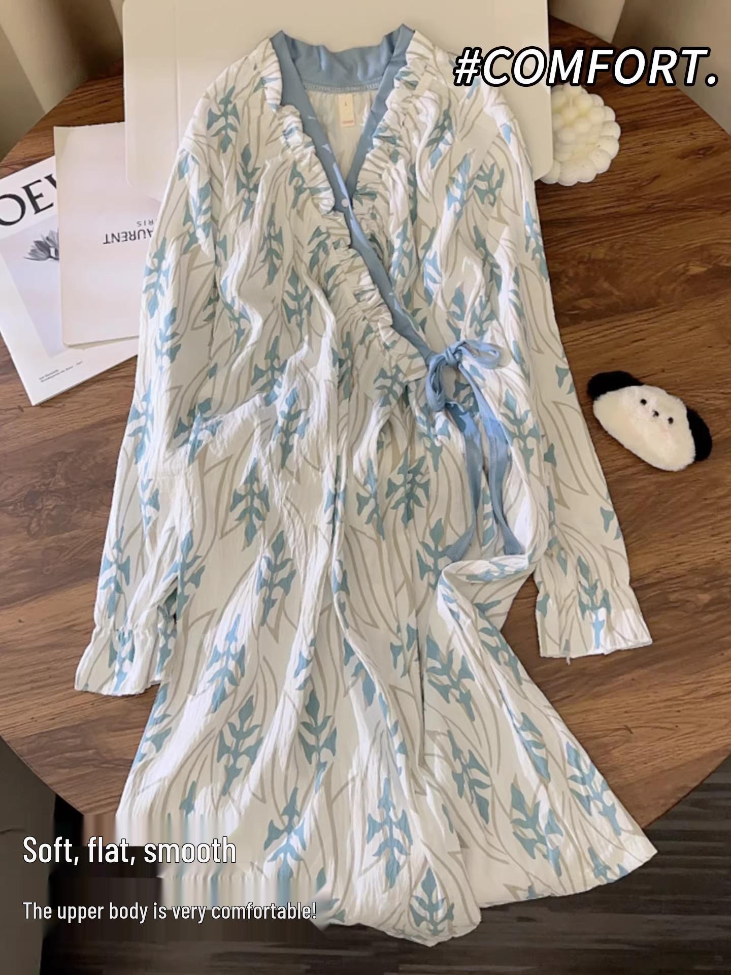 

2026 Spring Cloud Cotton Tie-Up Long Sleeve Nightgown - Women s Cute, Comfortable, Wearable Outdoors One Size