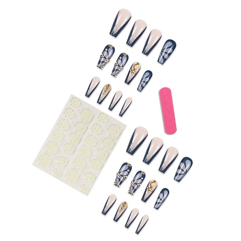 24pcs False Nail Long Square Stick on Nail With Rhinestones Designs Press on Nail Manicure Nail Decors For Trendy Women