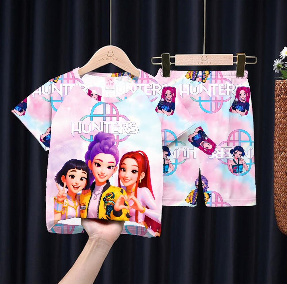 Fashion Hunter Print Short Sleeve Pajamas for Girls Kids Clothing Summer T-shirts Shorts Clothes Sets Sleepwear Homewear