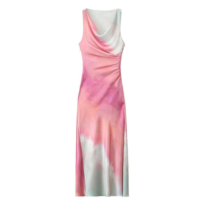 Fashion Style 2024 Summer New Arrival Female Ruched Tie-Dye Floral Print Slit Mid Length Long Length Dress 3031200 330