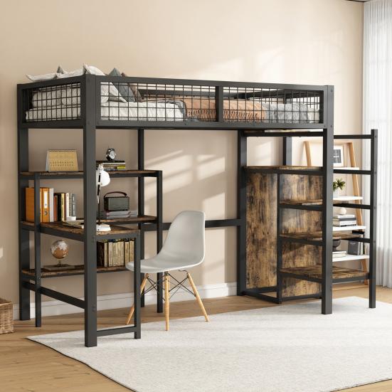 Iron Bed Several Shelves Bunk Built-in Wardrobe Desk Strong Load Adult Bearing Rustic Look Metal Frame Loft Home Furniture