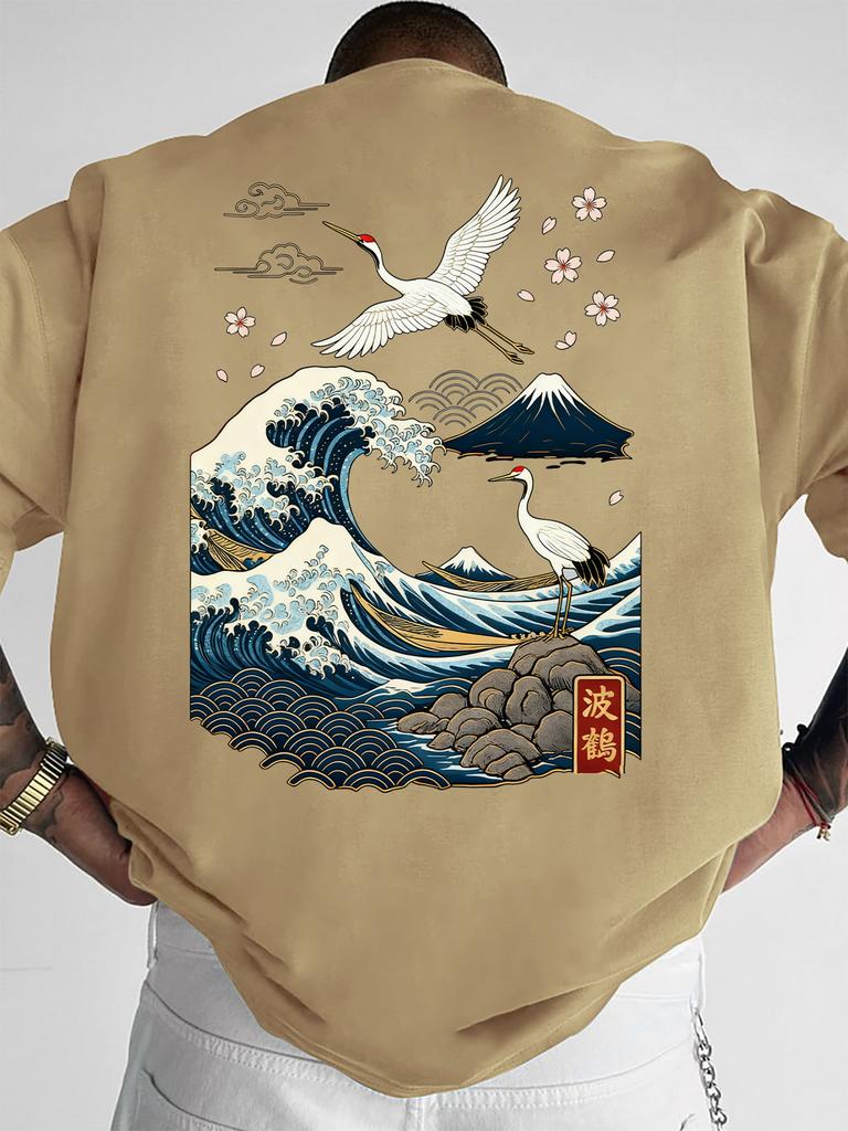 Unisexs Tshirt Japanese Ukiyoe Great Wave Redcrowned Crane Mount Fuji Print Vintage Asian Streetwear 100 Polyester Sxxl